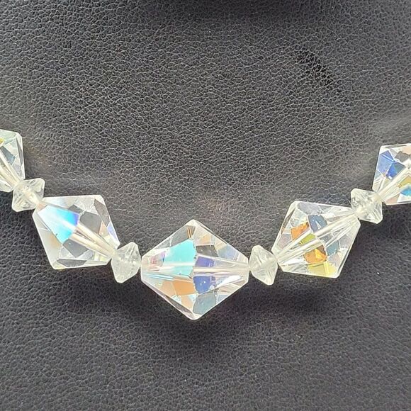 Vintage 50s AB Crystals Faux Pearl Choker Necklace Clear Aurora Borealis Japan - Picture 9 of 11